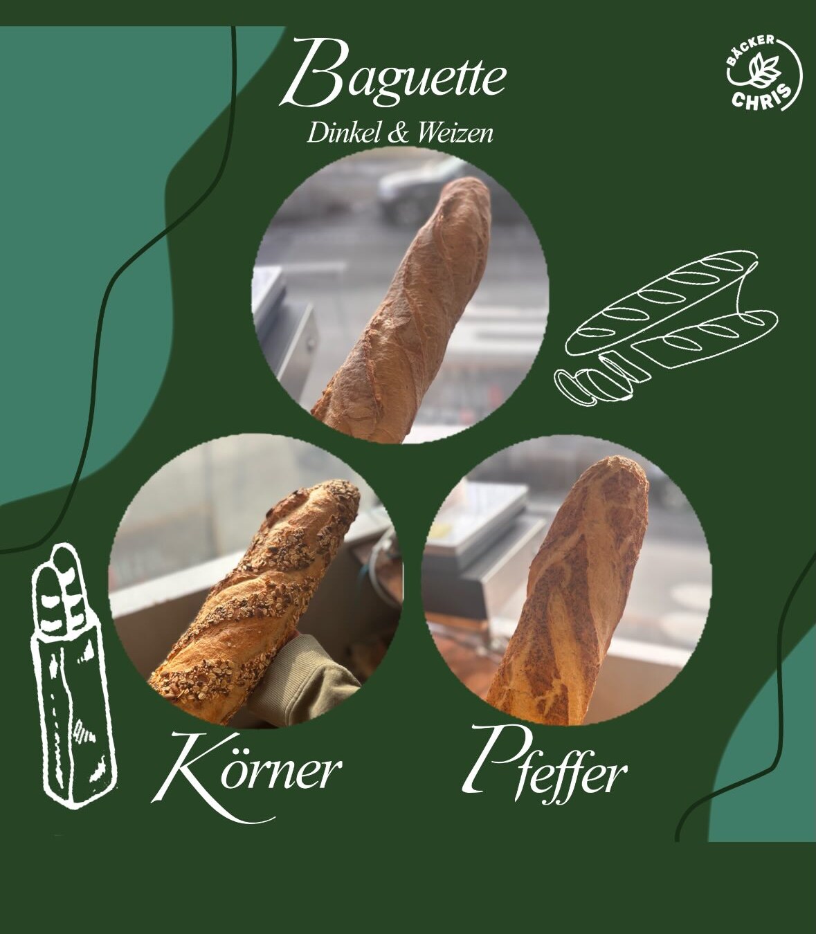 Baguette klassisch, Körner und Pfeffer