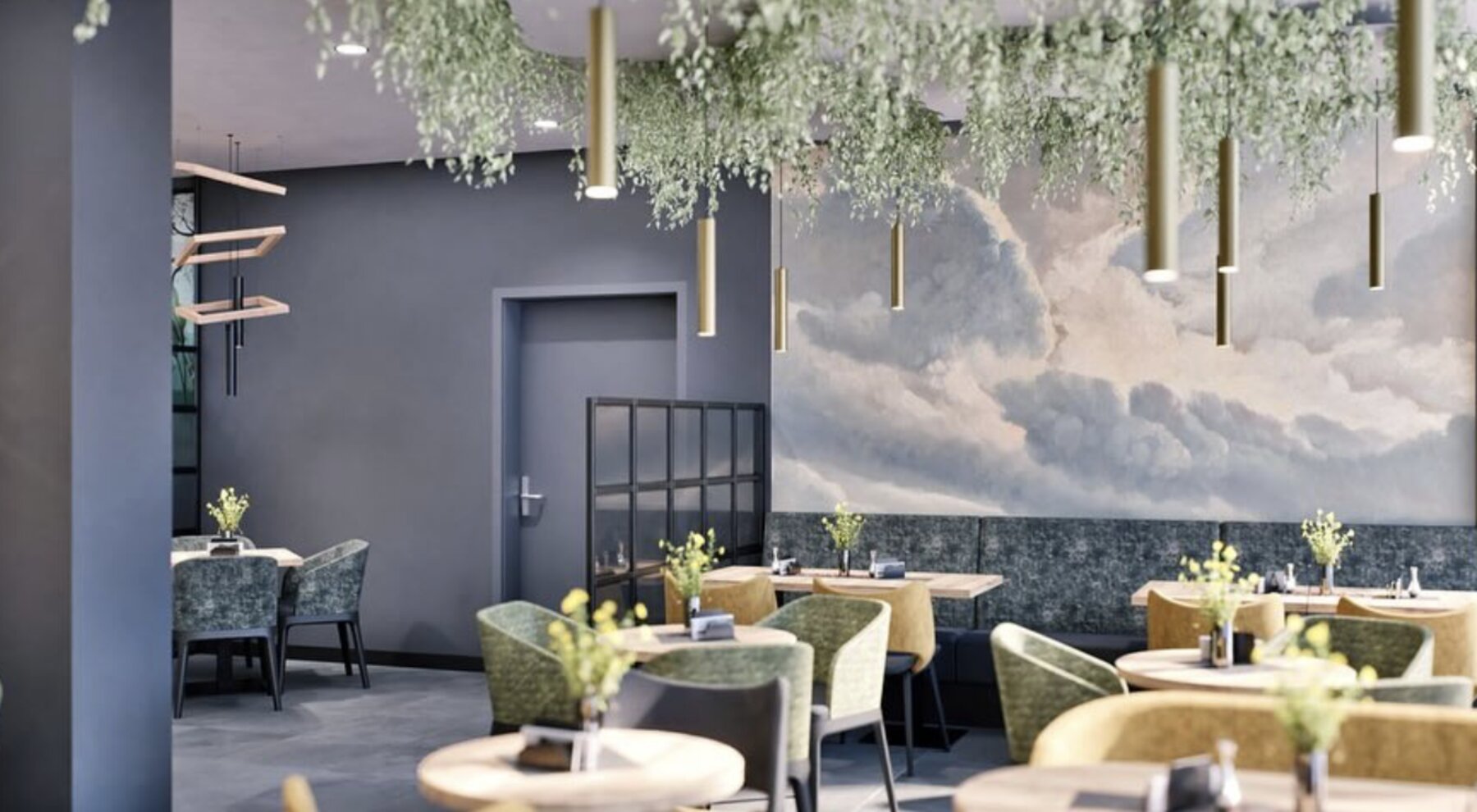 Café mit Wolken-Wandbild und hängenden Pflanzen